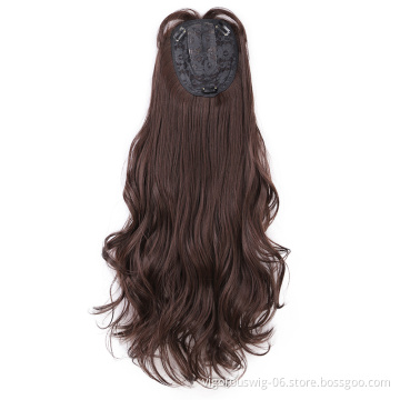 Vigorous Curly Wavy Synthetic Clip in Topper Ponytail Hair Extensions Synthetic Hairpiece with Air Bangs for Women